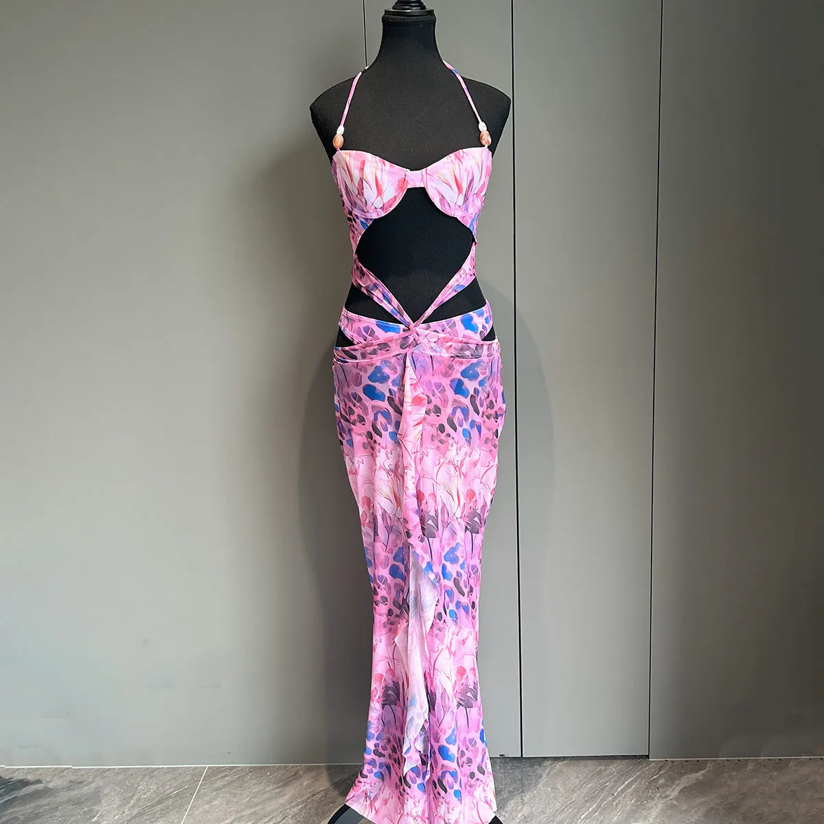 Nylon women's bikini set printed split three-piece swimsuit in blue orange purple size S M L adult female