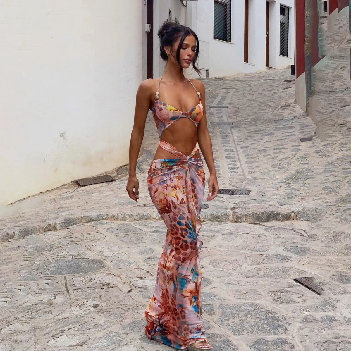Nylon women's bikini set printed split three-piece swimsuit in blue orange purple size S M L adult female