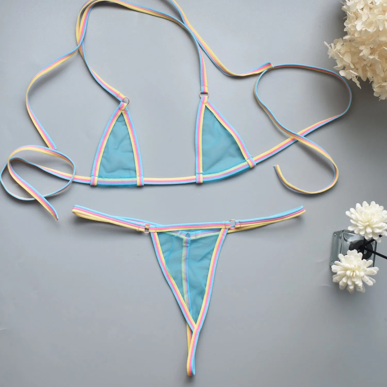 Simple super mini bikini set with T-back design in six colours, polyester fabric, three-point style