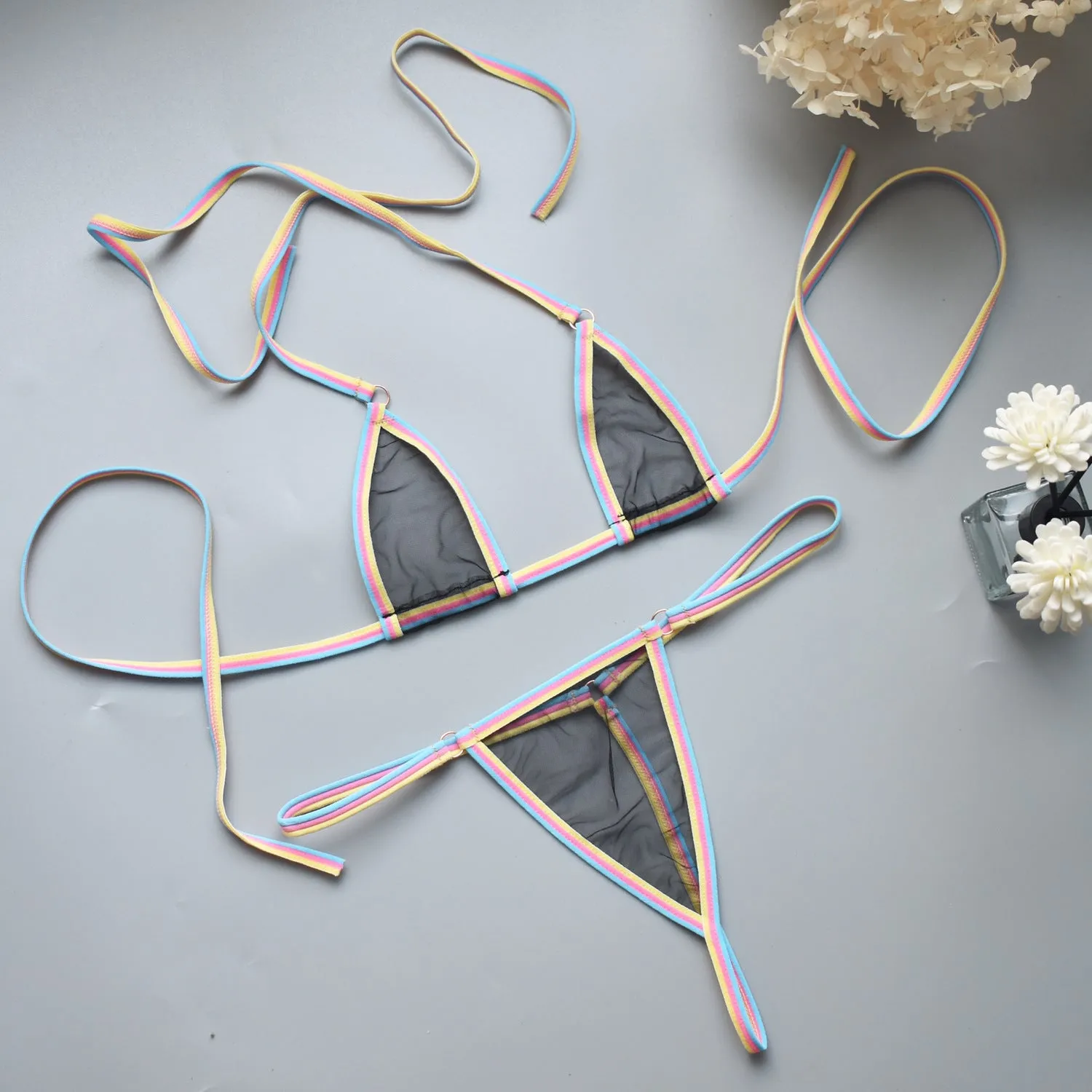 Simple super mini bikini set with T-back design in six colours, polyester fabric, three-point style
