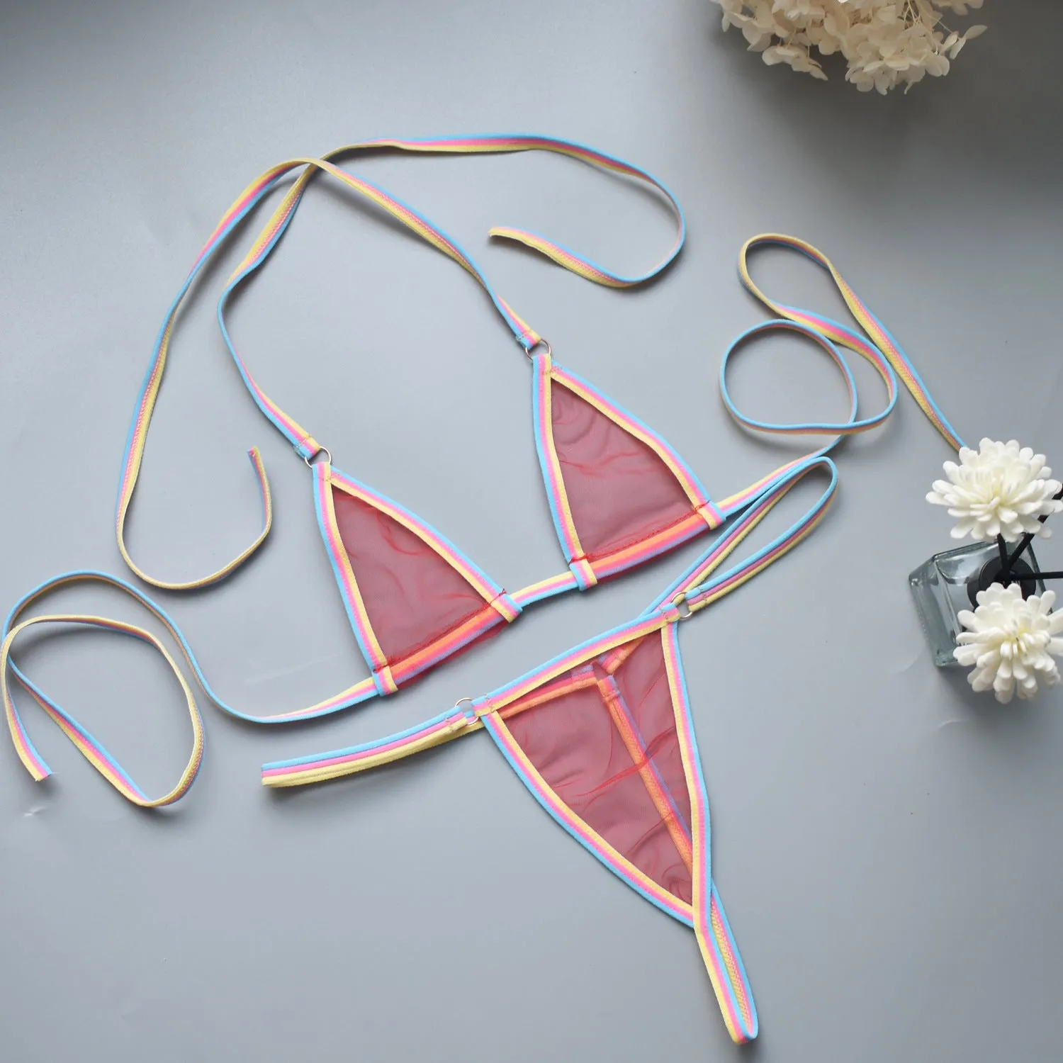 Simple super mini bikini set with T-back design in six colours, polyester fabric, three-point style