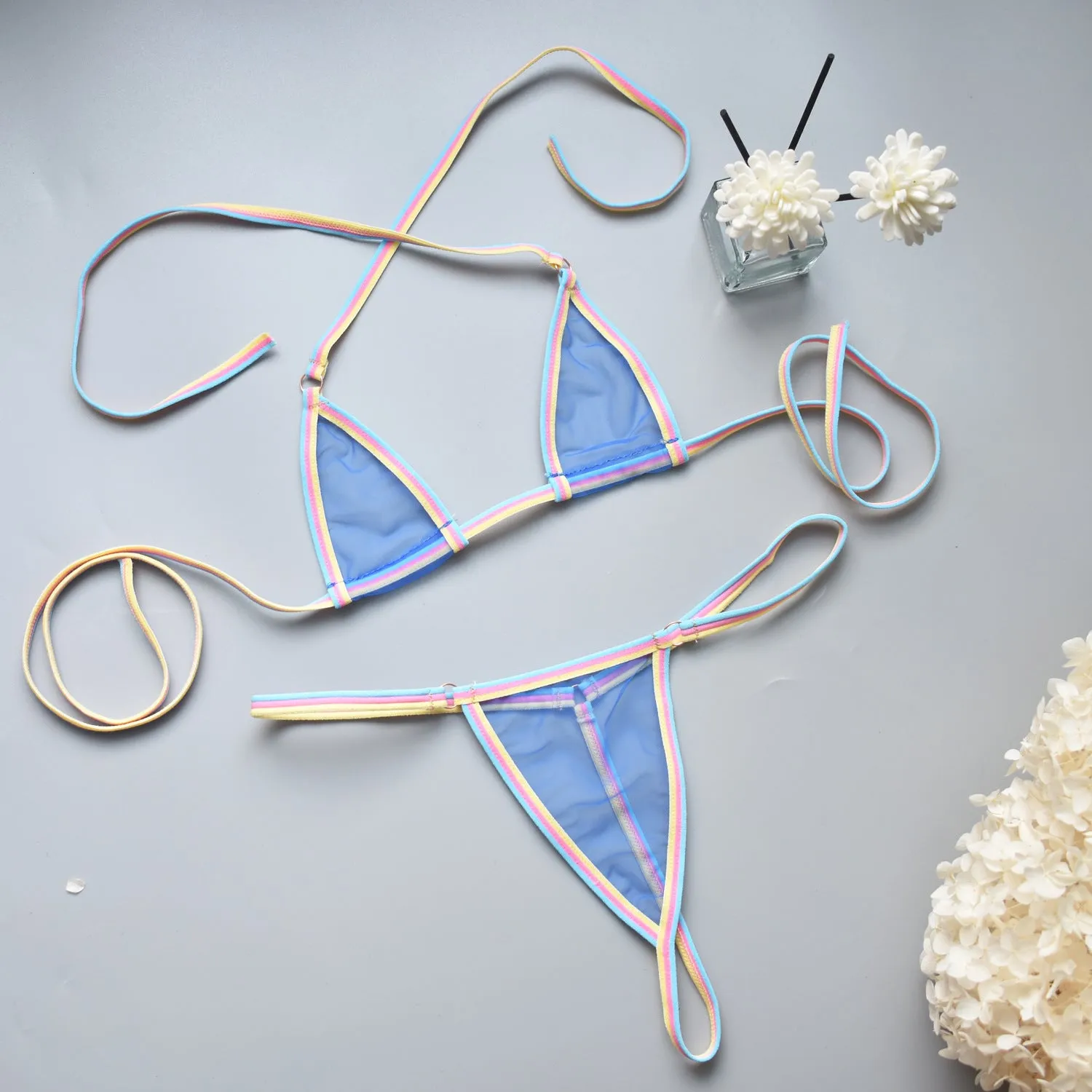Simple super mini bikini set with T-back design in six colours, polyester fabric, three-point style
