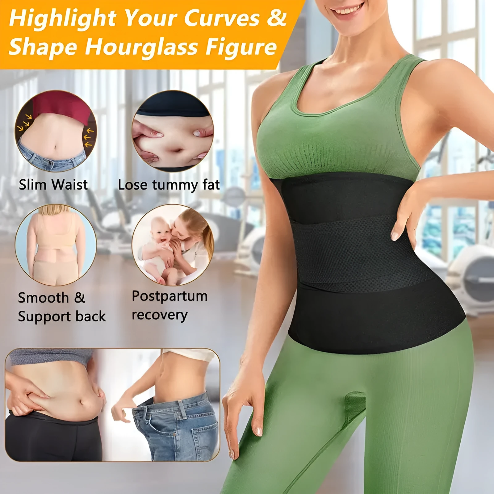 Black polyester fitness waistband tight belly band with size label S to XXXL