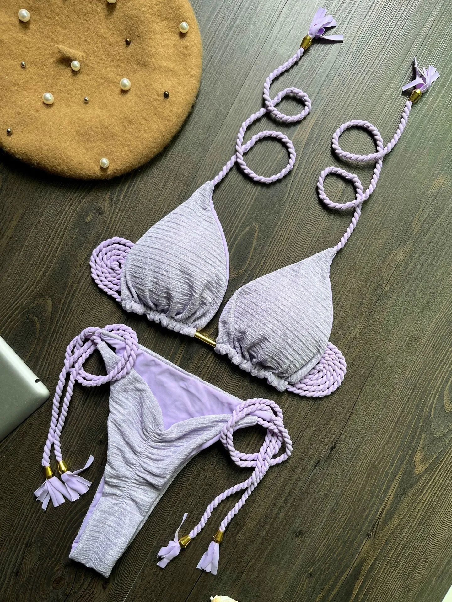 Women's fashion braided rope bikini suit cotton lined nylon swimwear solid colour