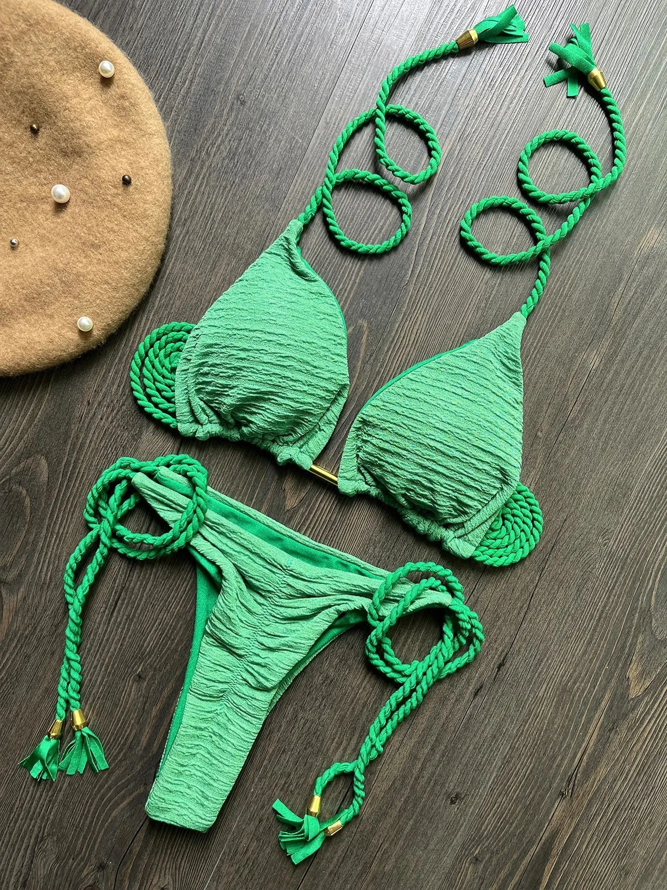 Women's fashion braided rope bikini suit cotton lined nylon swimwear solid colour