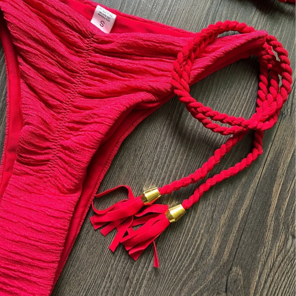 Women's fashion braided rope bikini suit cotton lined nylon swimwear solid colour