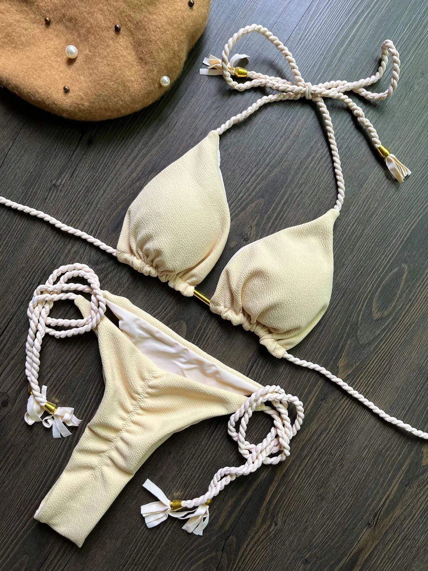 Women's fashion braided rope bikini suit cotton lined nylon swimwear solid colour