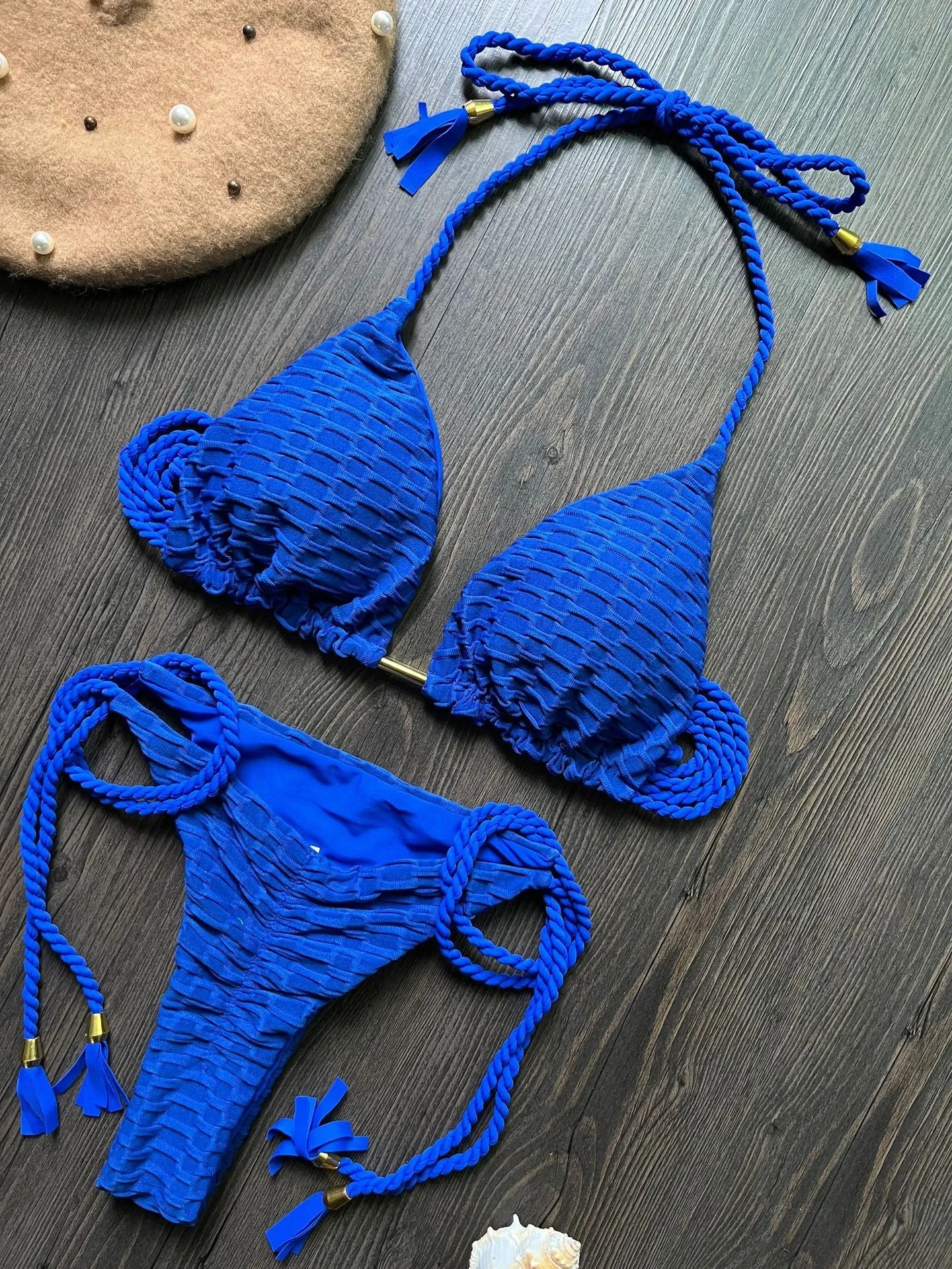 Women's fashion braided rope bikini suit cotton lined nylon swimwear solid colour