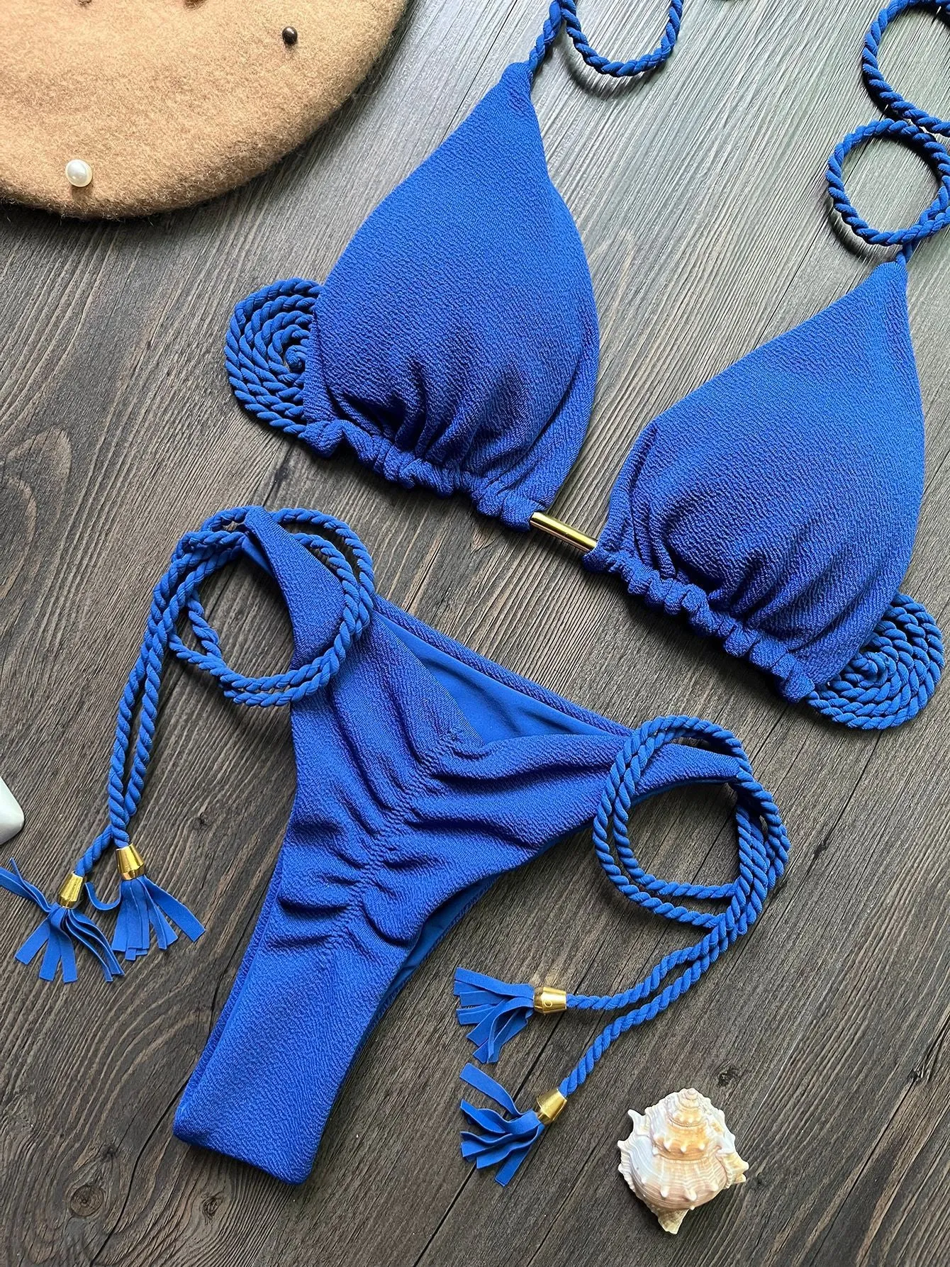 Women's fashion braided rope bikini suit cotton lined nylon swimwear solid colour
