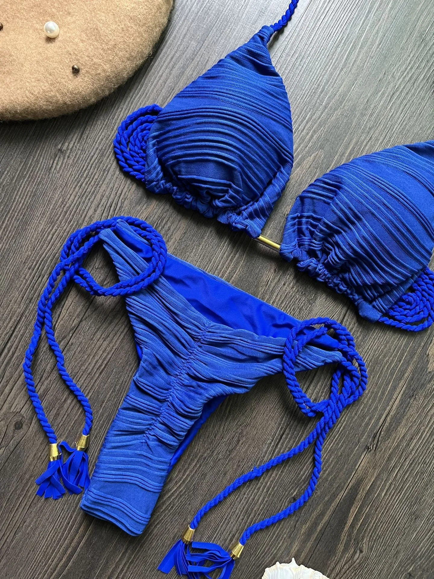 Women's fashion braided rope bikini suit cotton lined nylon swimwear solid colour