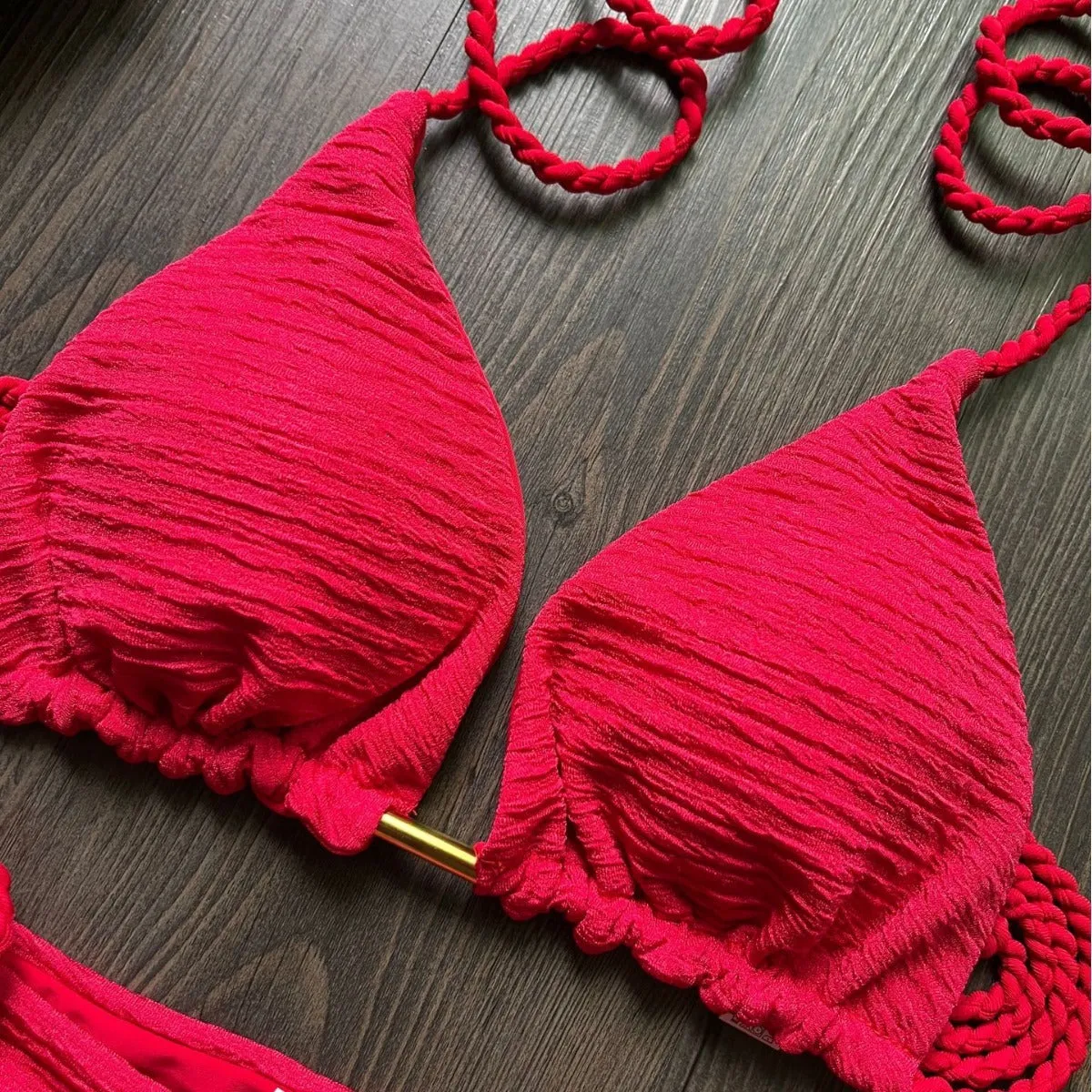 Women's fashion braided rope bikini suit cotton lined nylon swimwear solid colour