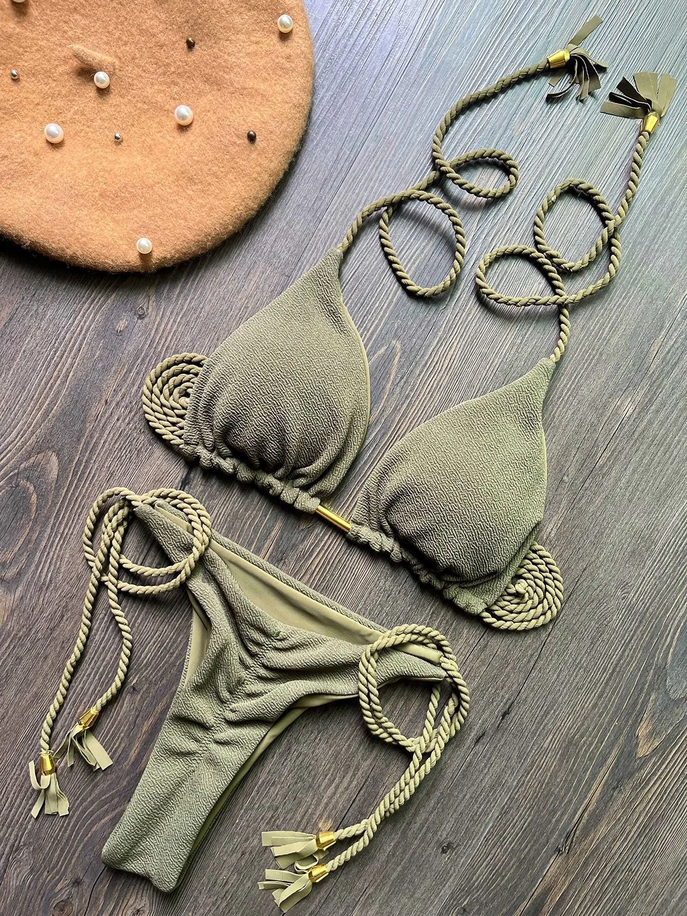 Women's fashion braided rope bikini suit cotton lined nylon swimwear solid colour