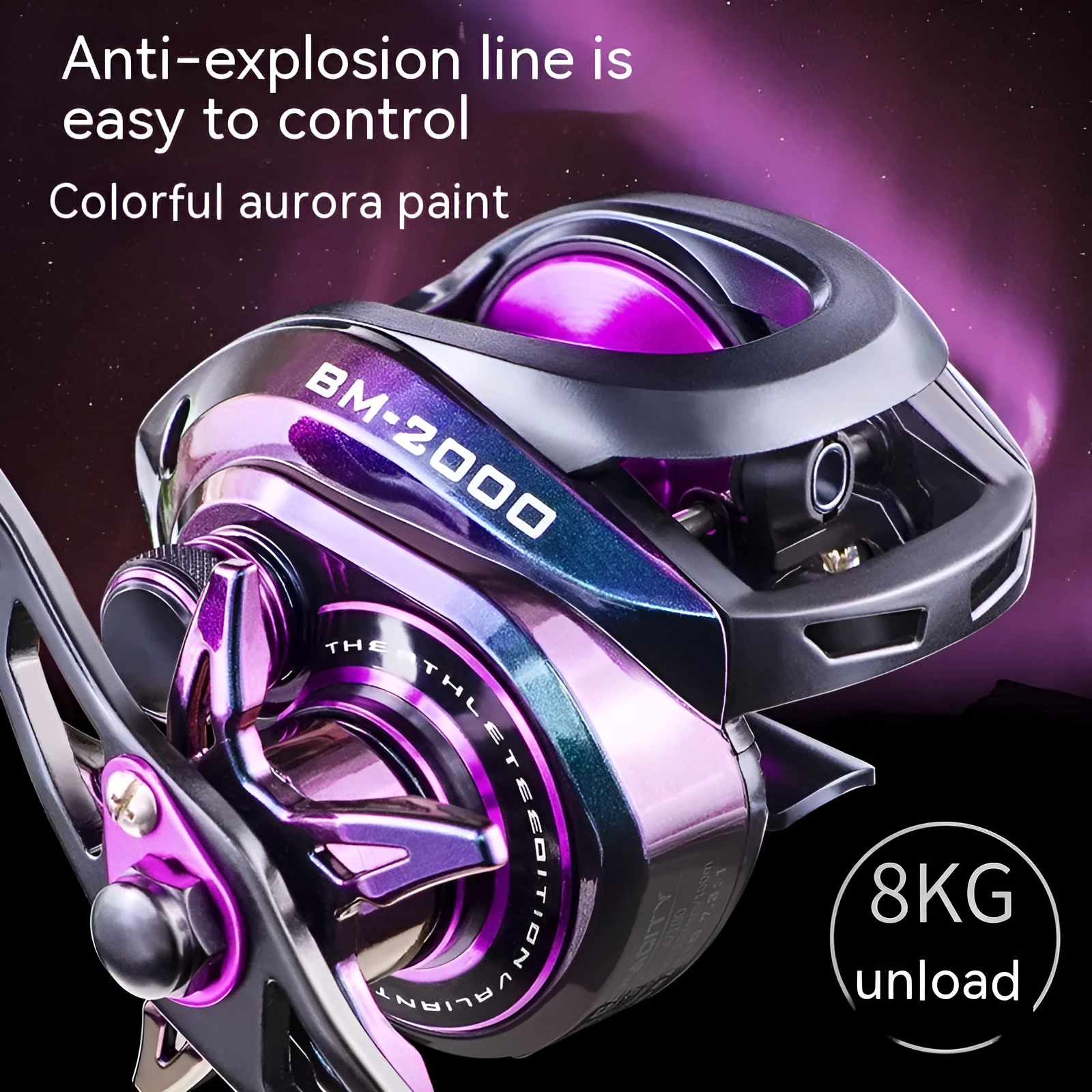 BM2000 fishing spinning reel with magnetic brake in water drop colour, showing left-hand and right-hand model options.