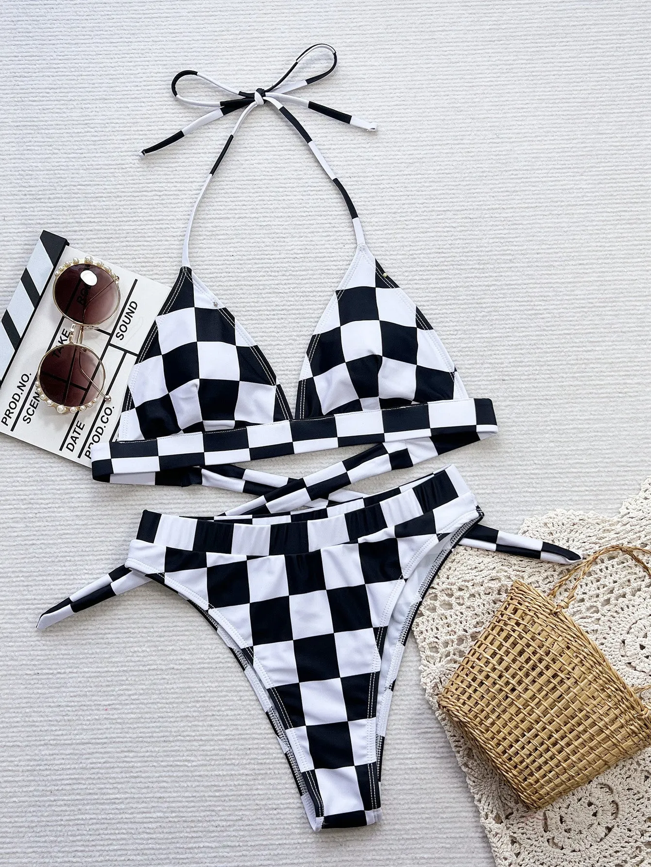 Women's black and white plaid creative plaid printed split swimsuit sleeveless polyester briefs