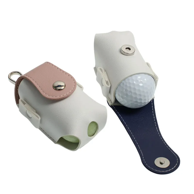 Mini PU golf ball bag in blue, brown, gray, and pink, 9.5 cm length, on white background