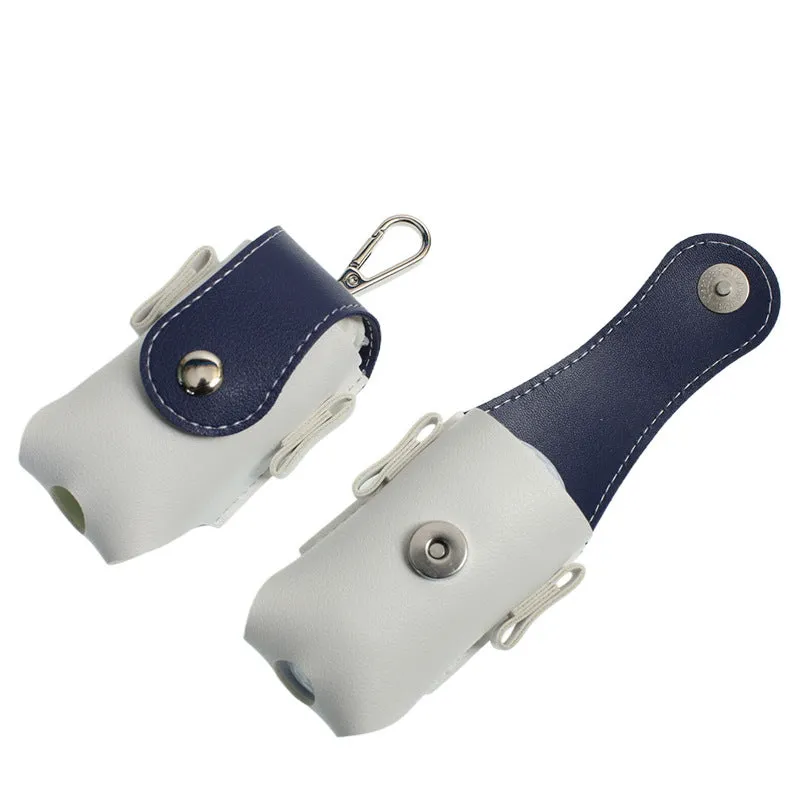 Mini PU golf ball bag in blue, brown, gray, and pink, 9.5 cm length, on white background