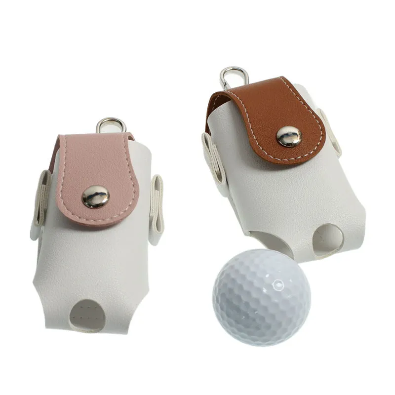 Mini PU golf ball bag in blue, brown, gray, and pink, 9.5 cm length, on white background
