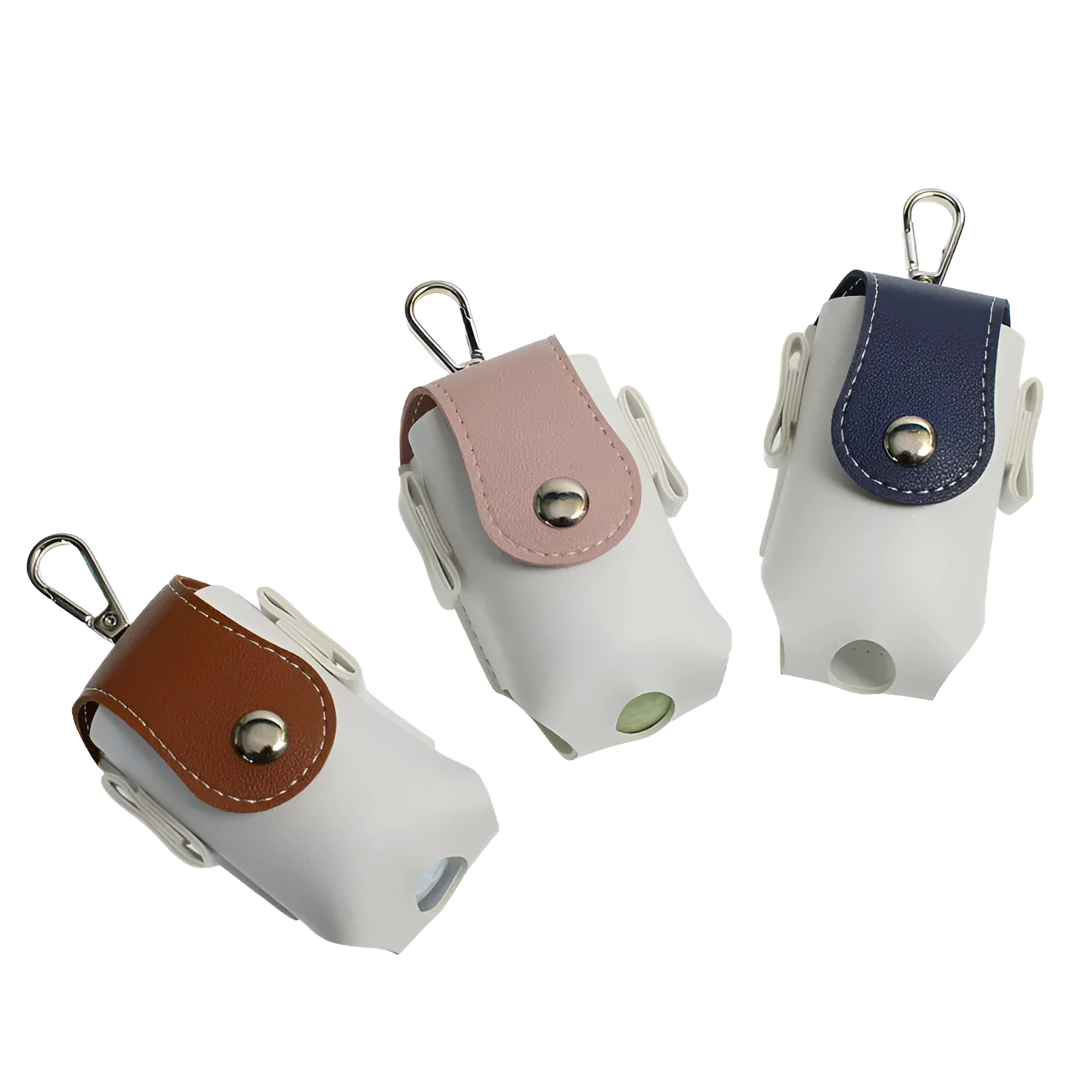 Mini PU golf ball bag in blue, brown, gray, and pink, 9.5 cm length, on white background