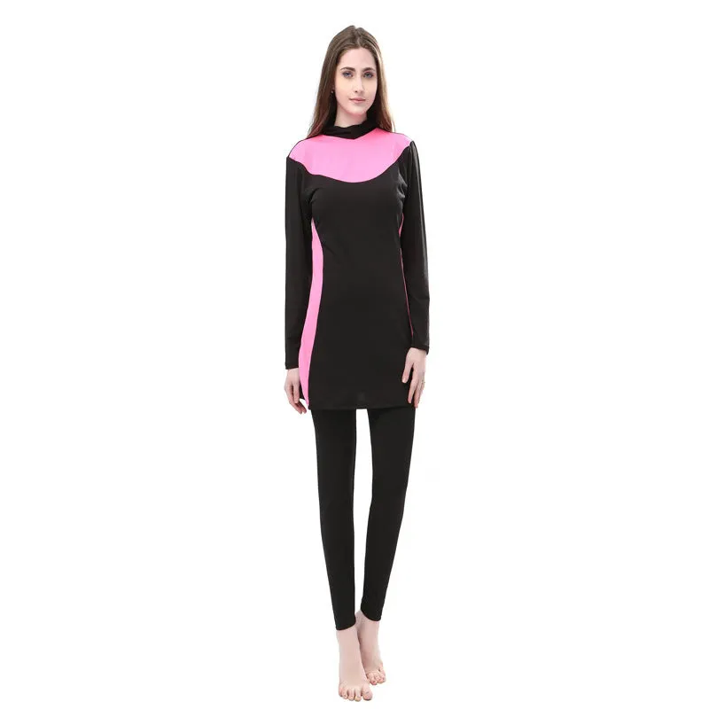 Conservative long sleeve hooded swimsuit for women in black with coloured trim