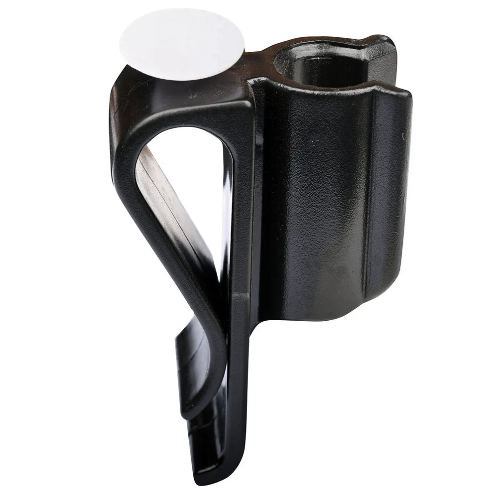 Black plastic putter fixing clip attached to golf bag, holding a putter securely