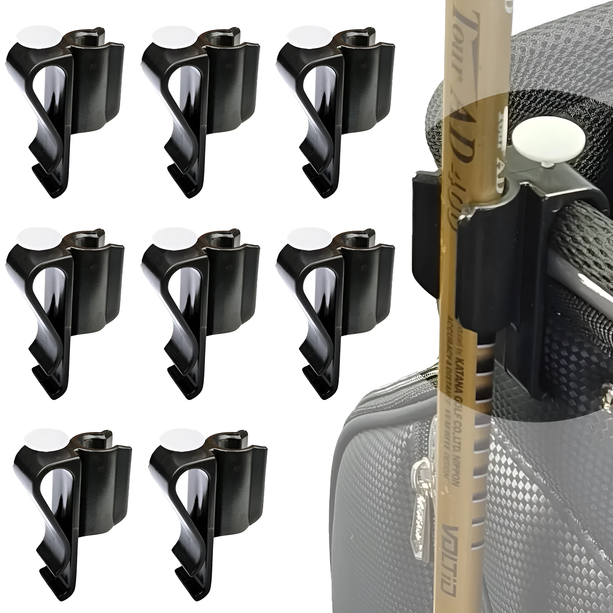 Black plastic putter fixing clip attached to golf bag, holding a putter securely