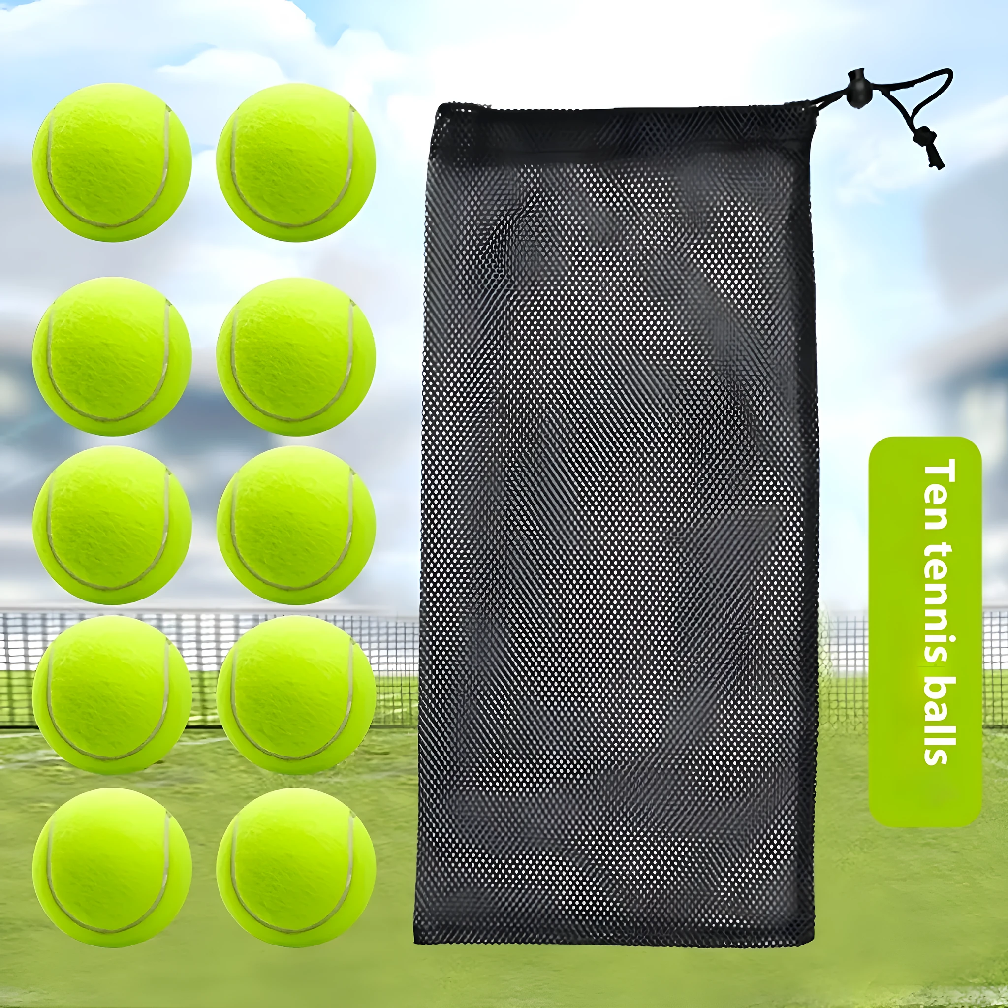 Pack of 10 high-elastic training tennis balls in multi-colour chemical fibre construction