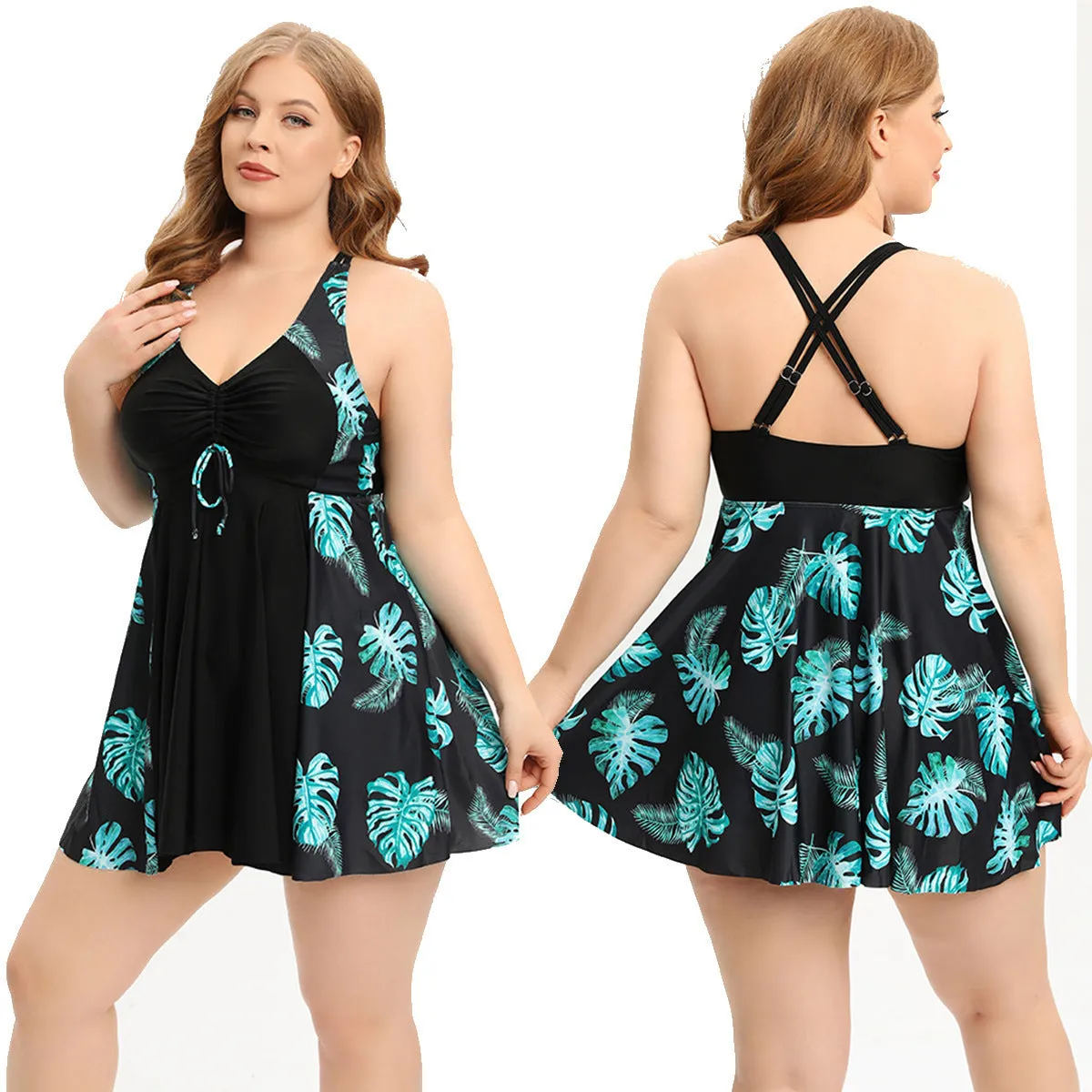Women's conservative split swimsuit in leopard print, high elasticity nylon fabric, sizes L to 5XL