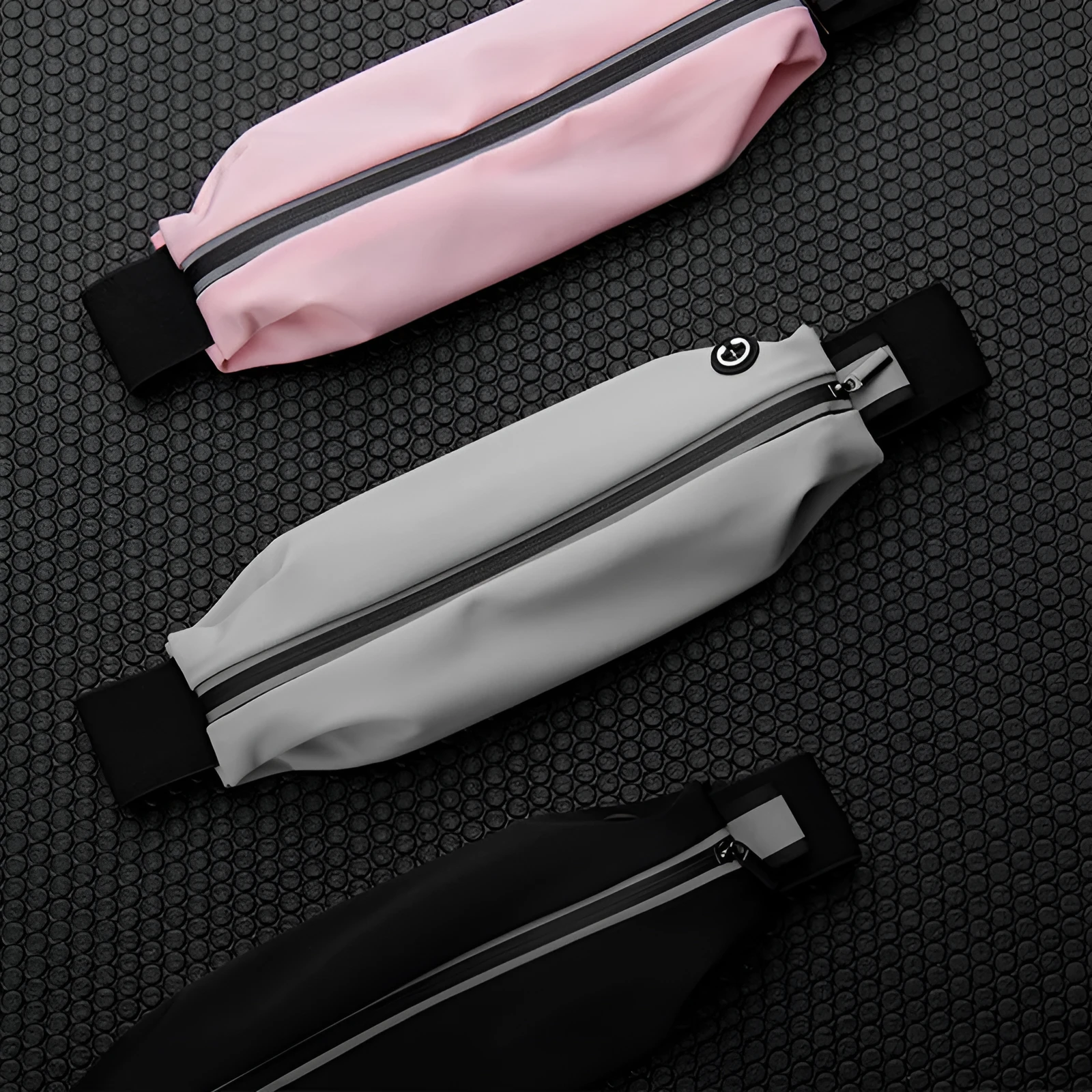 Lightweight waterproof running pouch with reflective strip in black, stretch fit design for waist