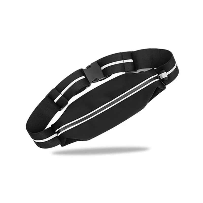 Lightweight waterproof running pouch with reflective strip in black, stretch fit design for waist