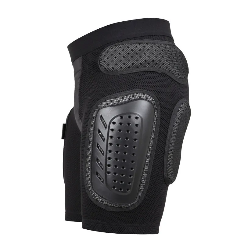 Black cycling hip protection pants showing protective panel positioning for hip impact reduction