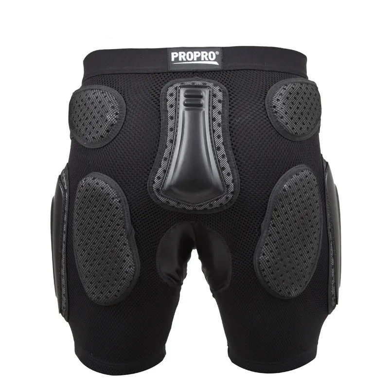 Black cycling hip protection pants showing protective panel positioning for hip impact reduction