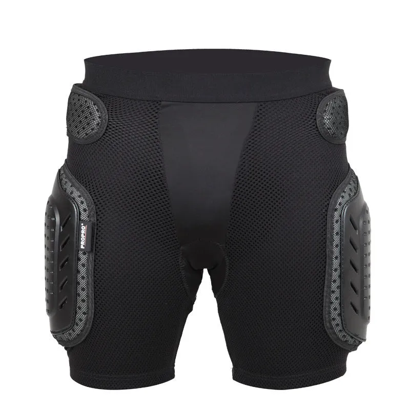 Black cycling hip protection pants showing protective panel positioning for hip impact reduction