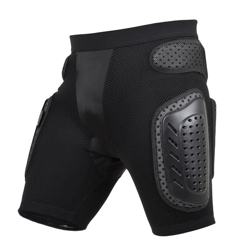Black cycling hip protection pants showing protective panel positioning for hip impact reduction