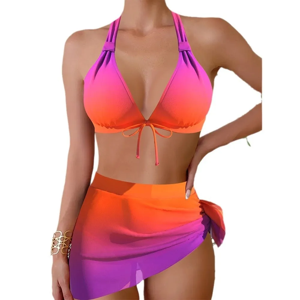 Women's nylon split bikini swimsuit in black with multiple style options for swimming and wading