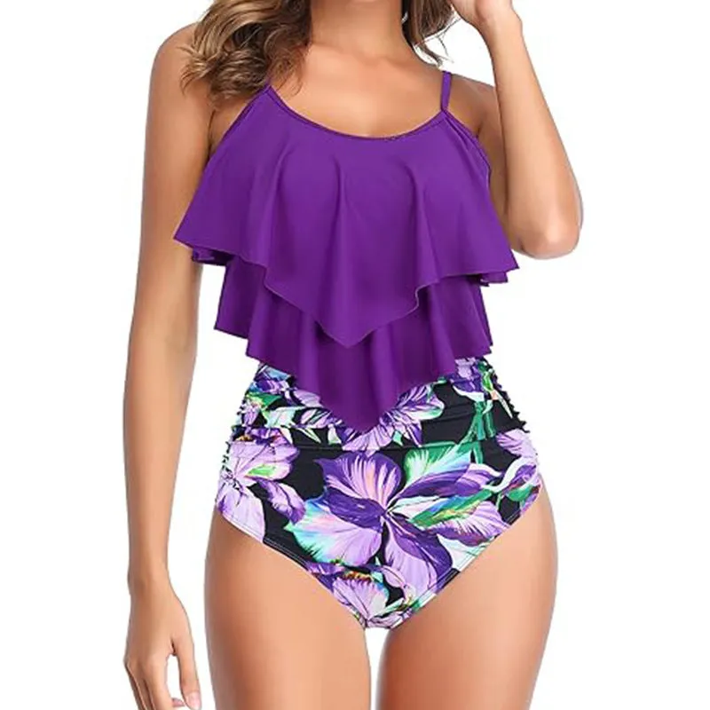 Women's purple double-layer polyester high-waist bikini set for swimming and wading, sizes S to XXL