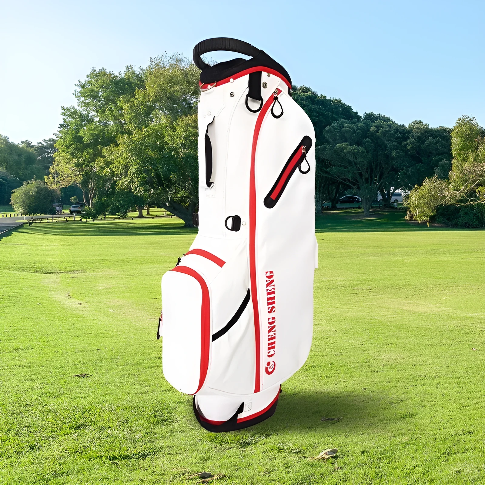 Red and white golf stand pack with polyester waterproof outer and multiple pockets