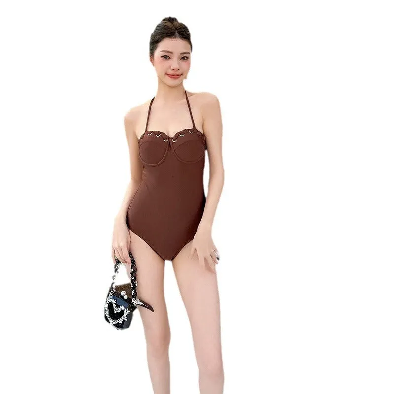 Simple retro one-piece swimsuit for women in polyester fibre, available in M L XL, colour as shown