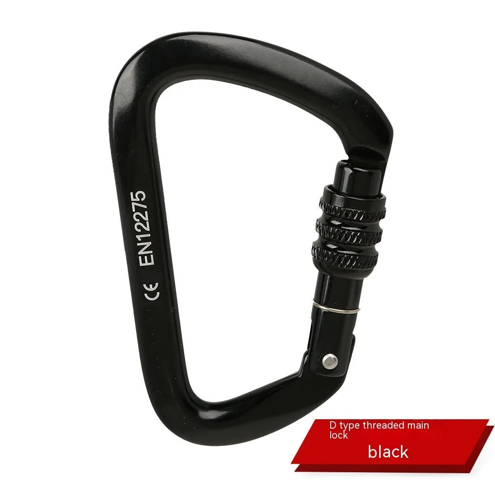 D-shaped climbing carabiner with colour options including black, blue, orange, red, and silver red