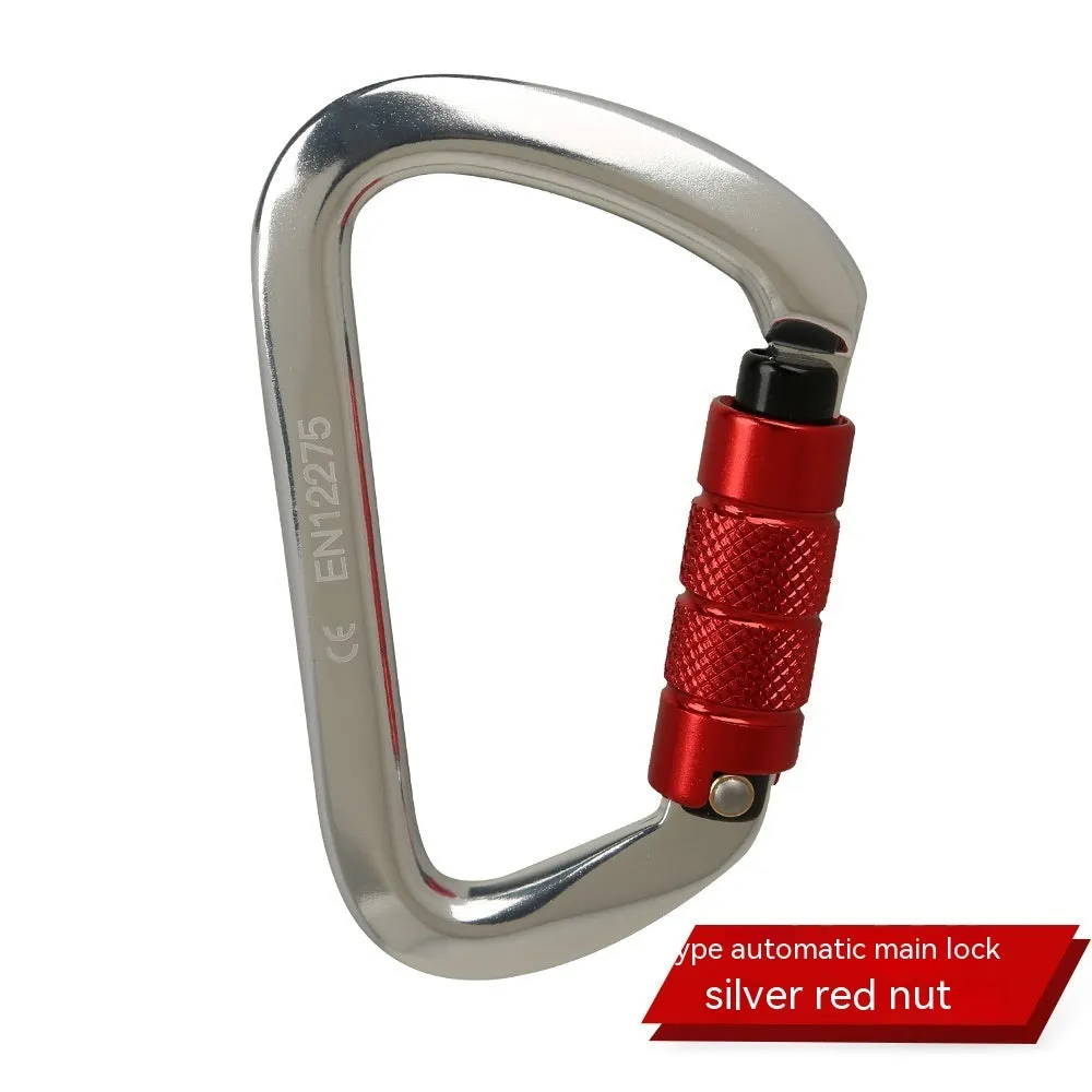 D-shaped climbing carabiner with colour options including black, blue, orange, red, and silver red