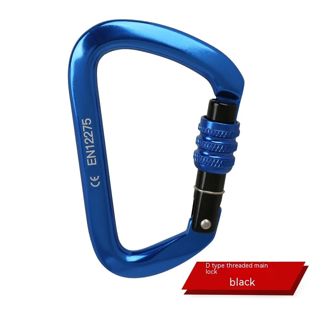 D-shaped climbing carabiner with colour options including black, blue, orange, red, and silver red