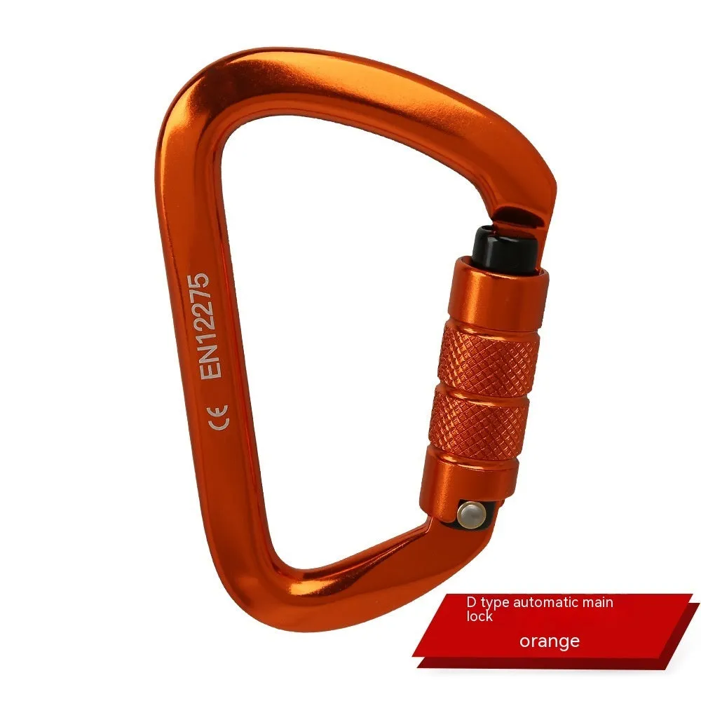 D-shaped climbing carabiner with colour options including black, blue, orange, red, and silver red