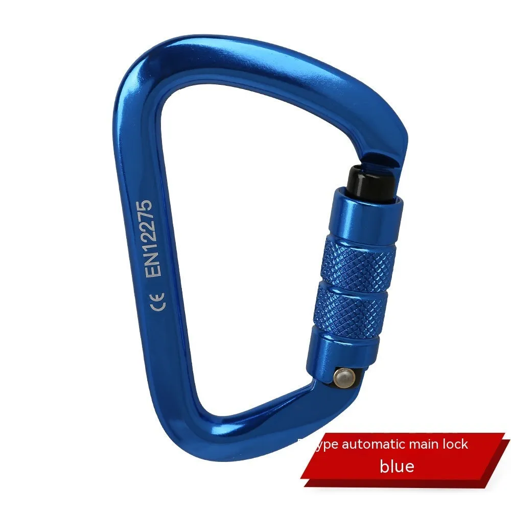 D-shaped climbing carabiner with colour options including black, blue, orange, red, and silver red