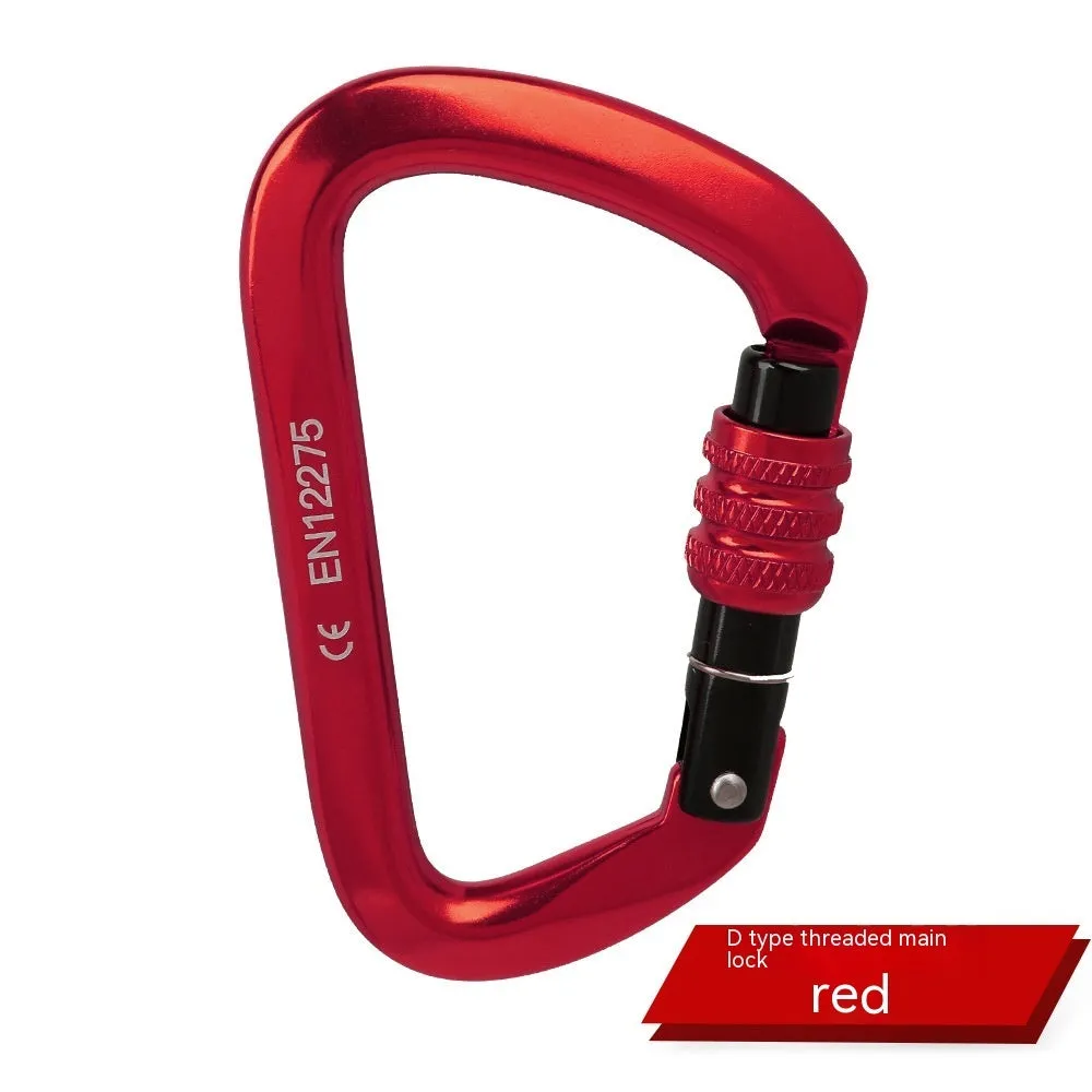 D-shaped climbing carabiner with colour options including black, blue, orange, red, and silver red