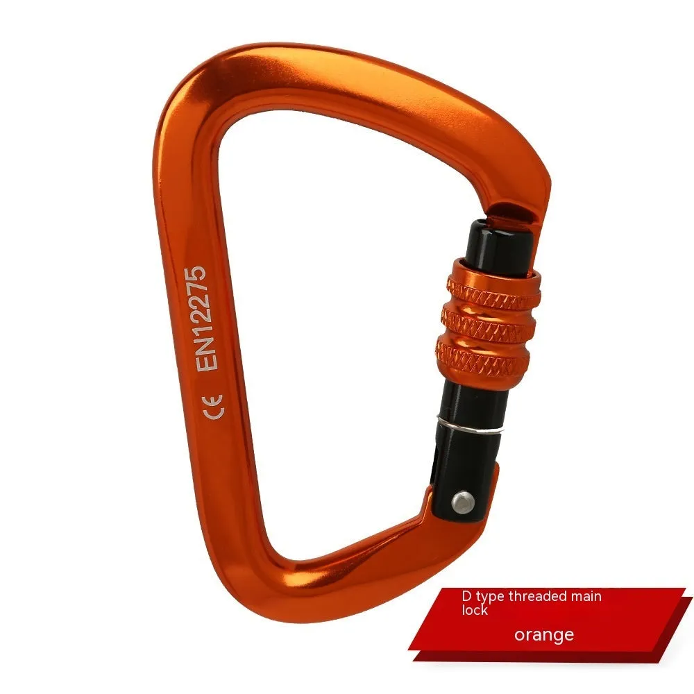 D-shaped climbing carabiner with colour options including black, blue, orange, red, and silver red