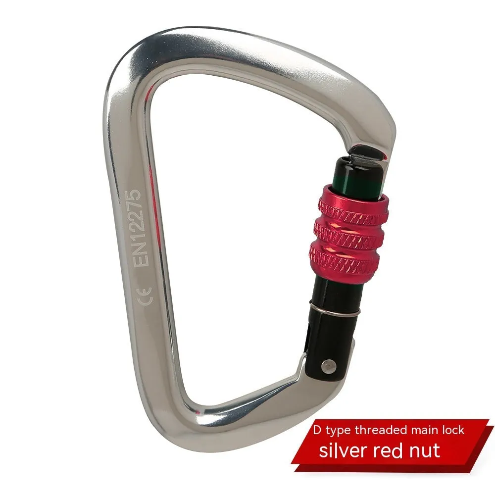 D-shaped climbing carabiner with colour options including black, blue, orange, red, and silver red