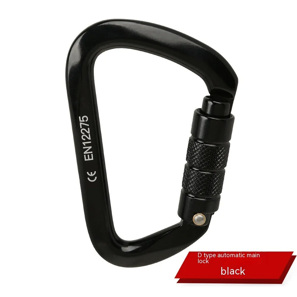 D-shaped climbing carabiner with colour options including black, blue, orange, red, and silver red
