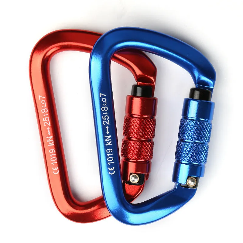 D-shaped climbing carabiner with colour options including black, blue, orange, red, and silver red