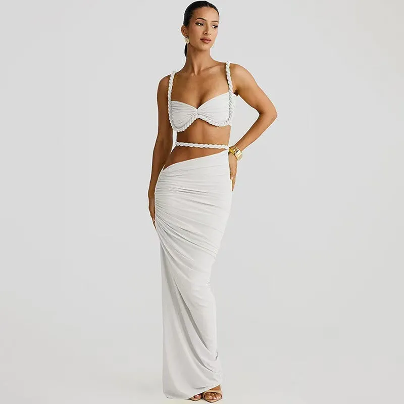 Women's braided bikini swimsuit three-piece set in solid colour polyester, front view