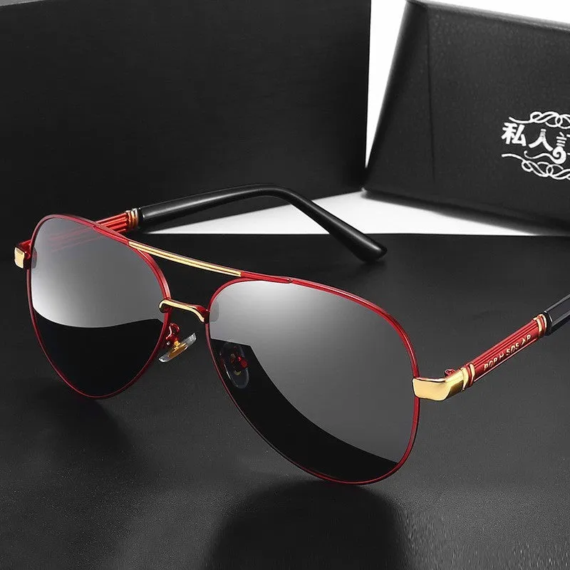 Men's polarised sunglasses with metal frames featuring dragon and phoenix decorations.