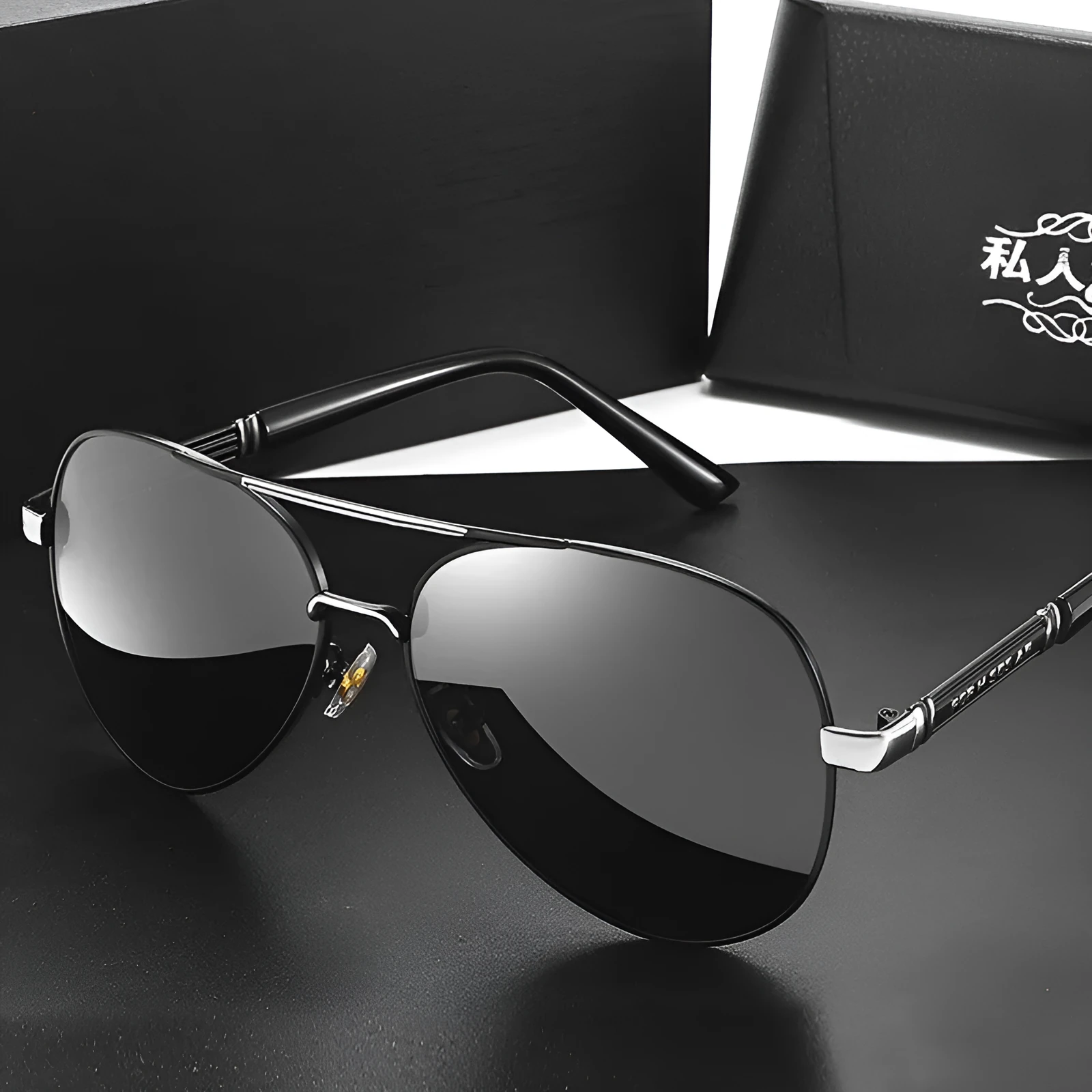 Men's polarised sunglasses with metal frames featuring dragon and phoenix decorations.